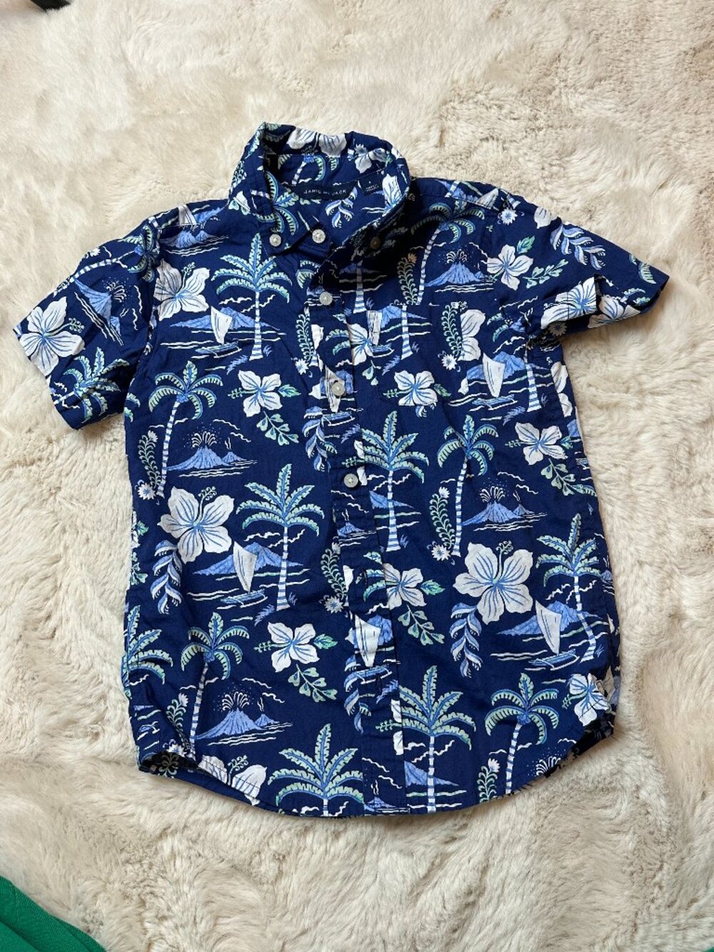 Janie and Jack Boy Twilight Blue Island Hibiscus Poplin Shirt - size 6